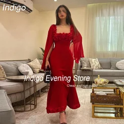 Indigo Elegant Evening Dress Square Collar Long Sleeve 3D Flowers Ankle-Length Party Prom Gown Formal فساتين السهرة Customized