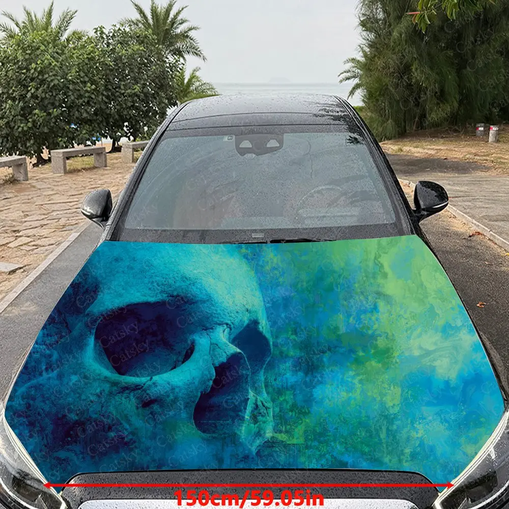 Car Decal Blue-Green Skull with Misty Textural Artistic Fusion Design, Creating a Mysterious and Surreal-Gothic Visual Car Hood