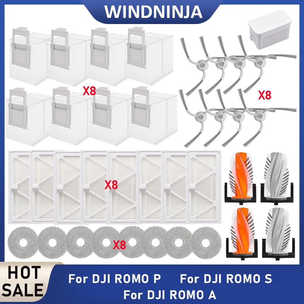 

Запчасти для робота-пылесоса DJI ROMO P, DJI ROMO S, DJI ROMO A: основная щетка, боковая щетка, HEPA-фильтр, салфетки для влажной уборки, мешок для пыли.