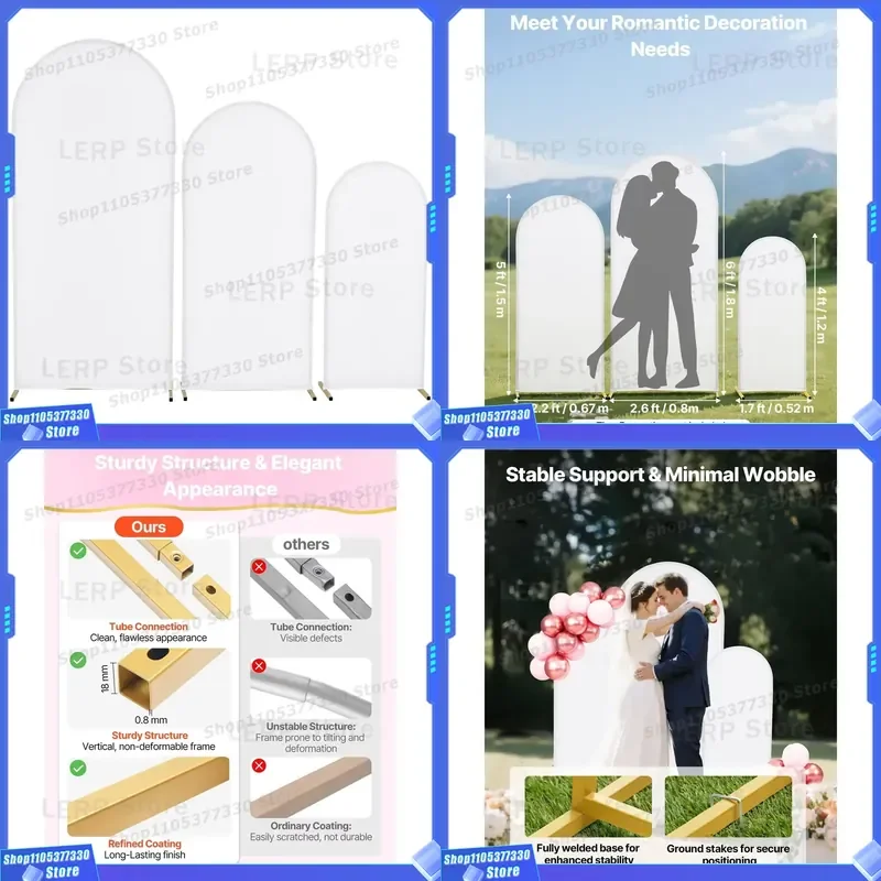 Gold Metal Arched Background Frame 3 Piece Set 6ft Stable Structure Easy Assembly Wedding Party Decoration Stand 3pcs Gold