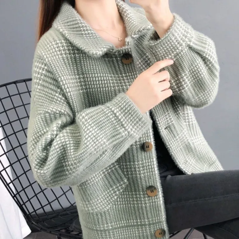 Mink Cashmere Plaid Knitting Cardigan Coat Women Autumn Winter Simplicity Fashion Solid Color Sweater All-match Knitwear Tops