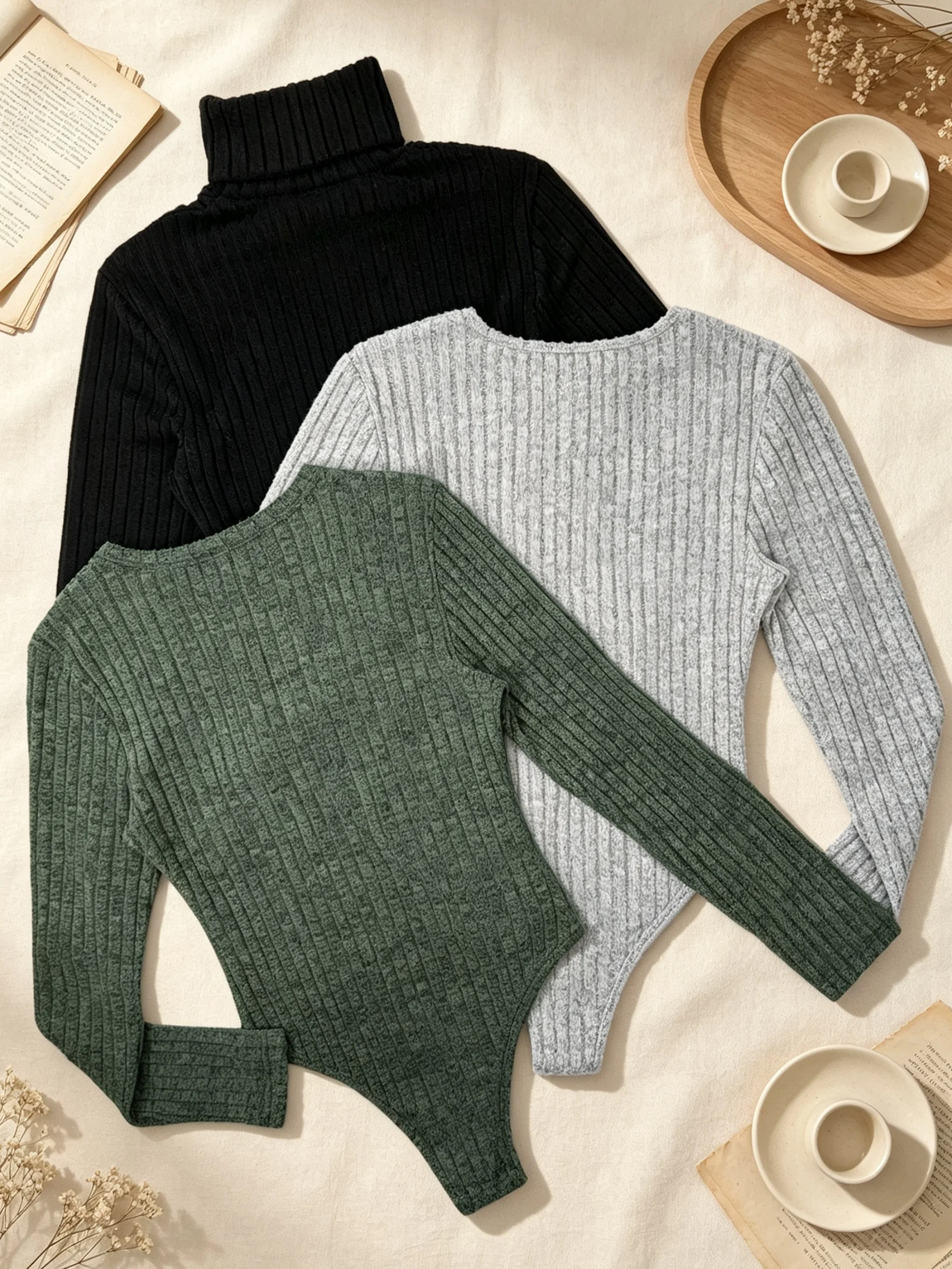 Women 3‑Pcs Set Ribbed Knit Bodysuit Long Sleeve Jumpsuit Top Multi Style Turtleneck Round Neck Hollow Cutout Slim Bodycon Therm 8 S7620fcbcc54741adbd452a1291dcb424N