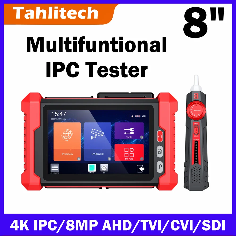 8' CCTV IPC Tester with HDMI VGA PSE TDR VFL CVBS AHD TVI CVI IP Camera OTDR DC 12/24V Touch Screen Cable Diagnostic Tool