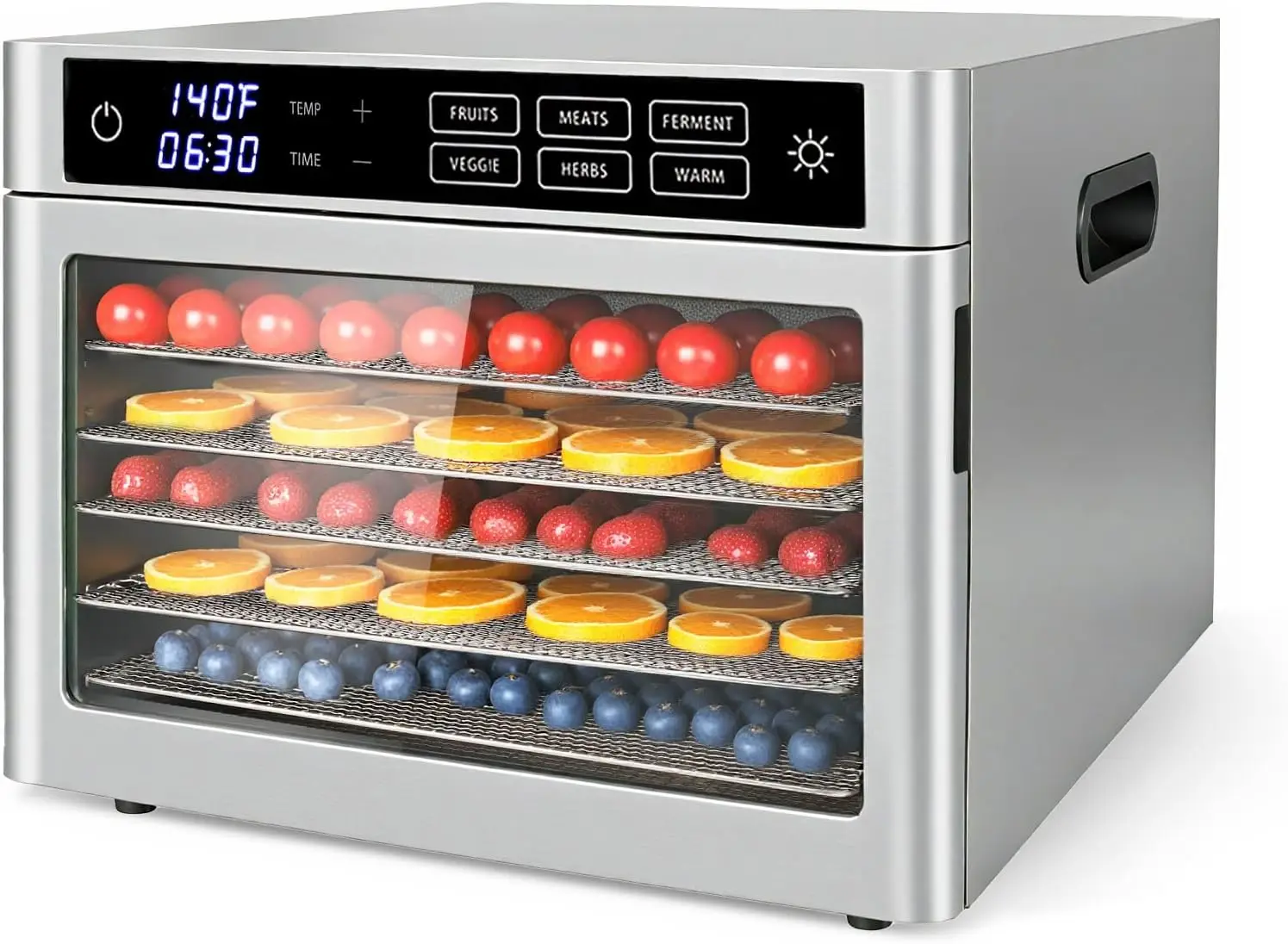 

Stainless Steel Food Dehydrator with Glass Door, 120V, 500W, 6-Tray Drying Capacity, Energy Efficient Design for Home Use
