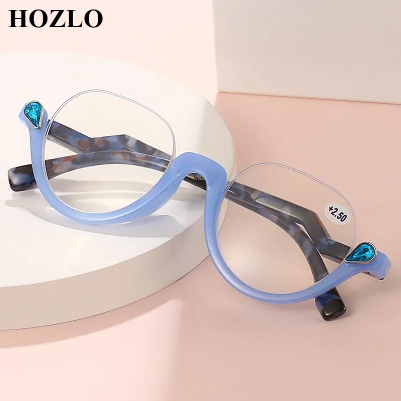 New Women TR90 Semi Rim Anti Blue Ray Reading Glasses Magnifier Female Presbyopic Hyperopia Spectacles Fashion Inlaid Rhinestone