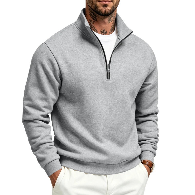 Herren-Sweatshirt mit Fleecefutter für Herbst und Winter, Stehkragen, halber Reißverschluss, langärmelig, einfarbig, warme Freizeitjacke – Detail 16