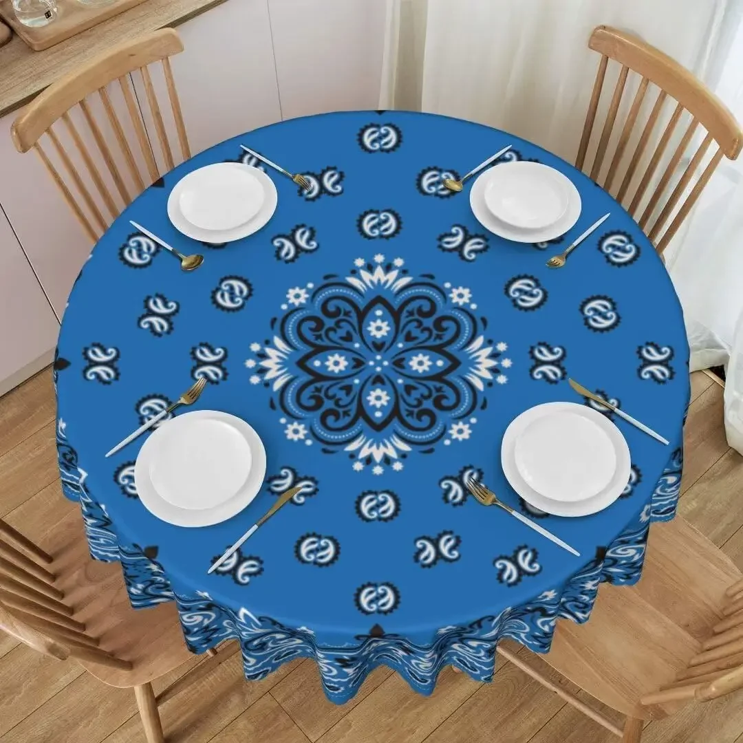 Blue Southwestern Paisley Circle Tablecloth - Boho Mandala Black Floral Farmhouse Kitchen Dinner Cover