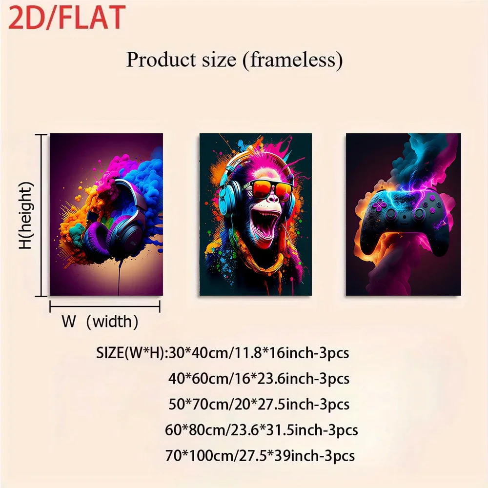 Multiple sizes 3pc frameless Canvas Painting three frameless paintings in a modern art style, featuring a trendy gorilla headset