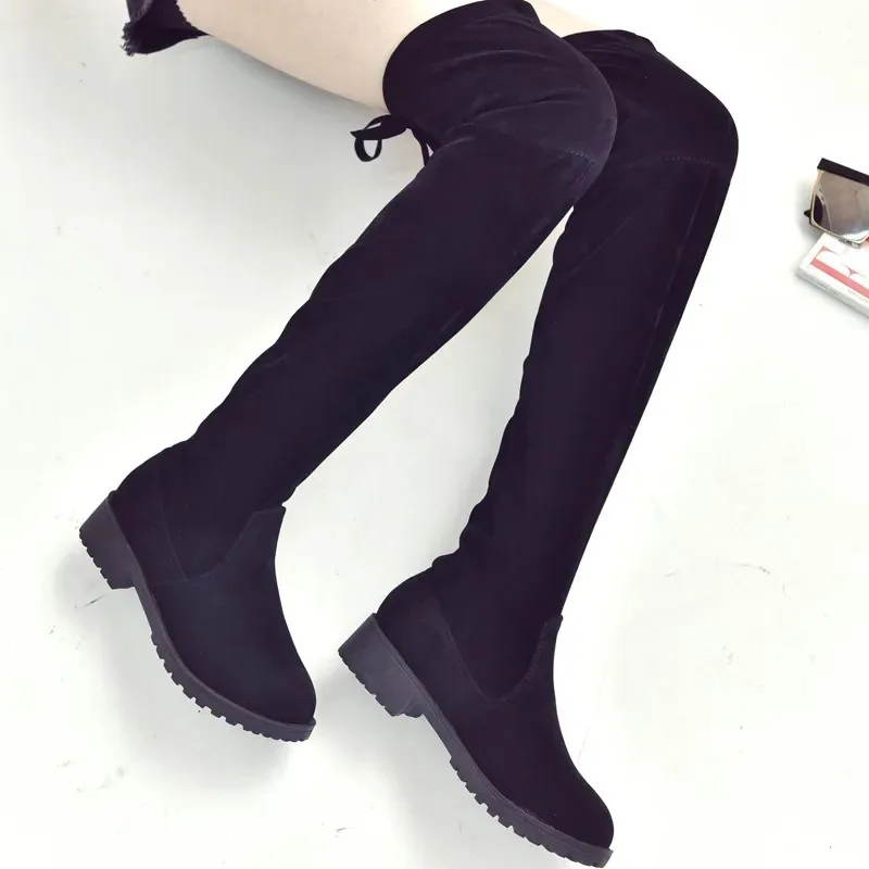 Women Boots Winter Black Over The Knee Boots 2023 New Comfort Lace Up Chunky High Heels Shoes Fashion Warm Suede Round Toe Boots