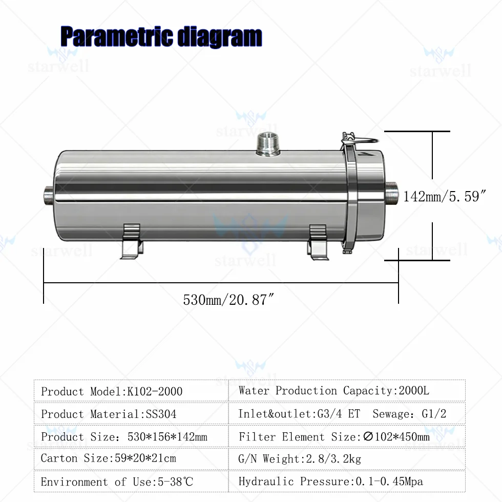 

SK102-2000L Household PVDF Ultrafiltration 304 Stainless Steel Water Filter