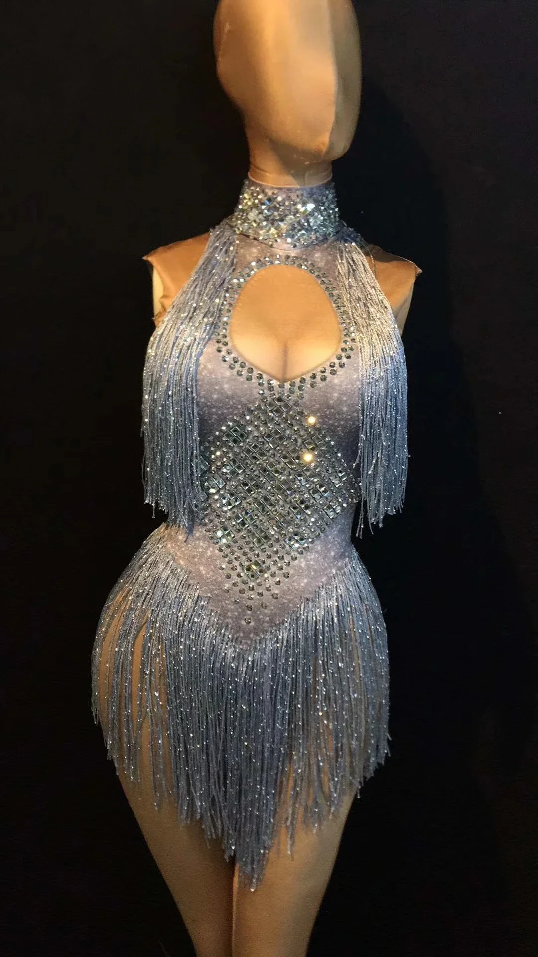 

Rhinestone Silver Tassel Sexy Nude Jumpsuits Women Stage Dance Costume Nightclub Dance Female Singer Show Bright Leotard