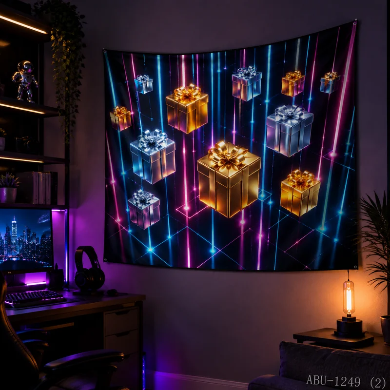 VIKAMA Cyber Neon Vertical Light Track Gold and Silver Suspended Gift Box Tapestry, HD Fabric, Gold-Silver Festive Wall Art