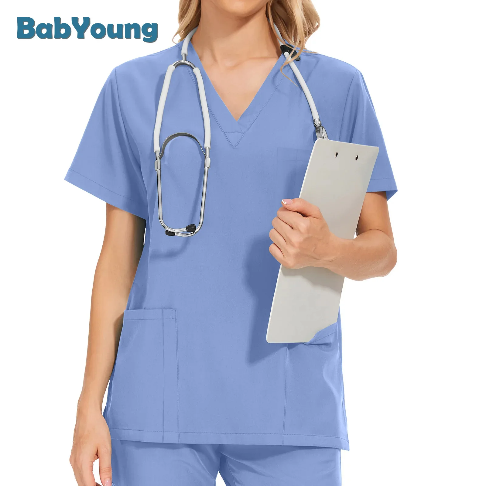 

Workwear Nursing Elastic Band Pants Working Uniform Women Short Sleeve Neck Tops Dental Hospital Scrubs Suits