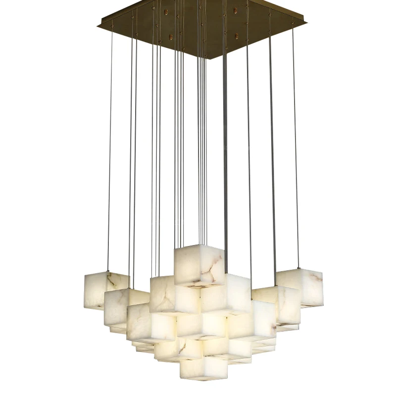 

Modern Cube Marble Lampshades Pendant Light Big For Stairwell Mansion Decoration, Luxury Alabaster Hanging Lamp High-ceiling