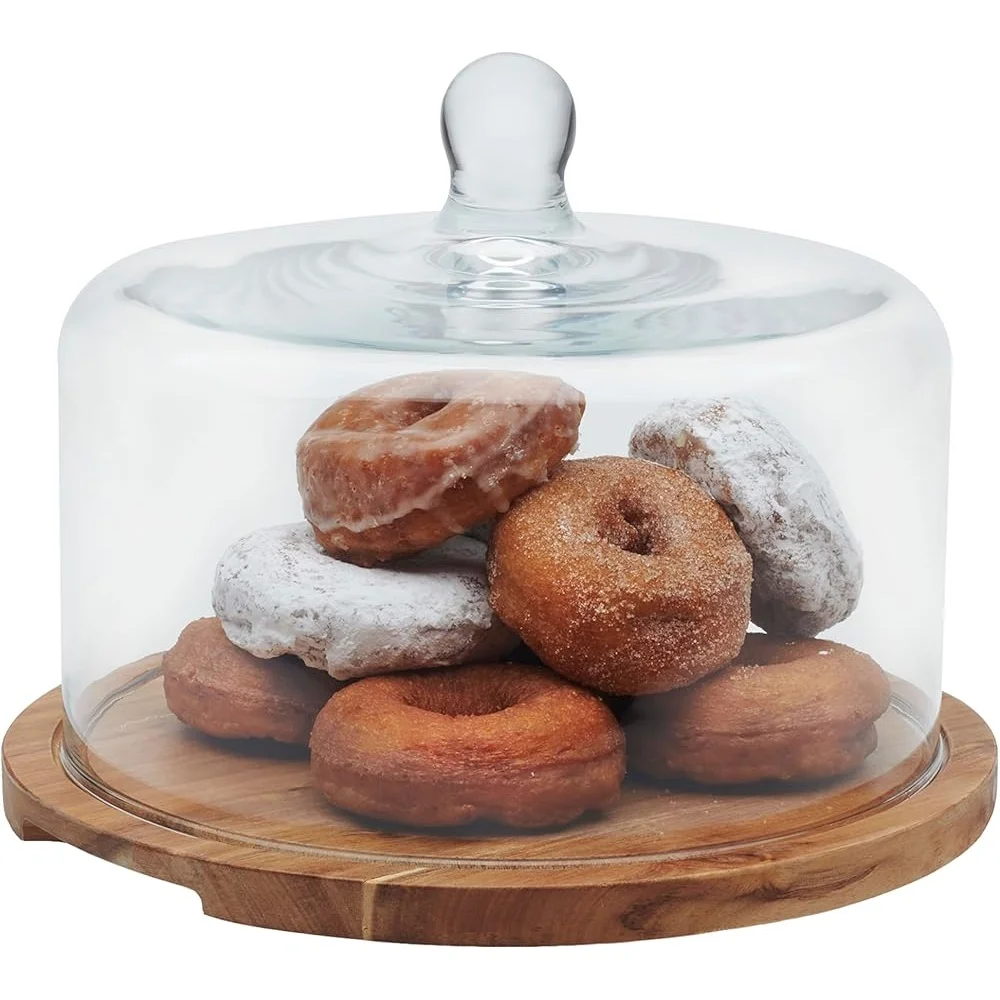 

Acacia Wood Cake Stand with Glass Dome Lid Elegant Dessert Server Holder Ideal Cakes Muffins Cheese Platters Kitchen Decor