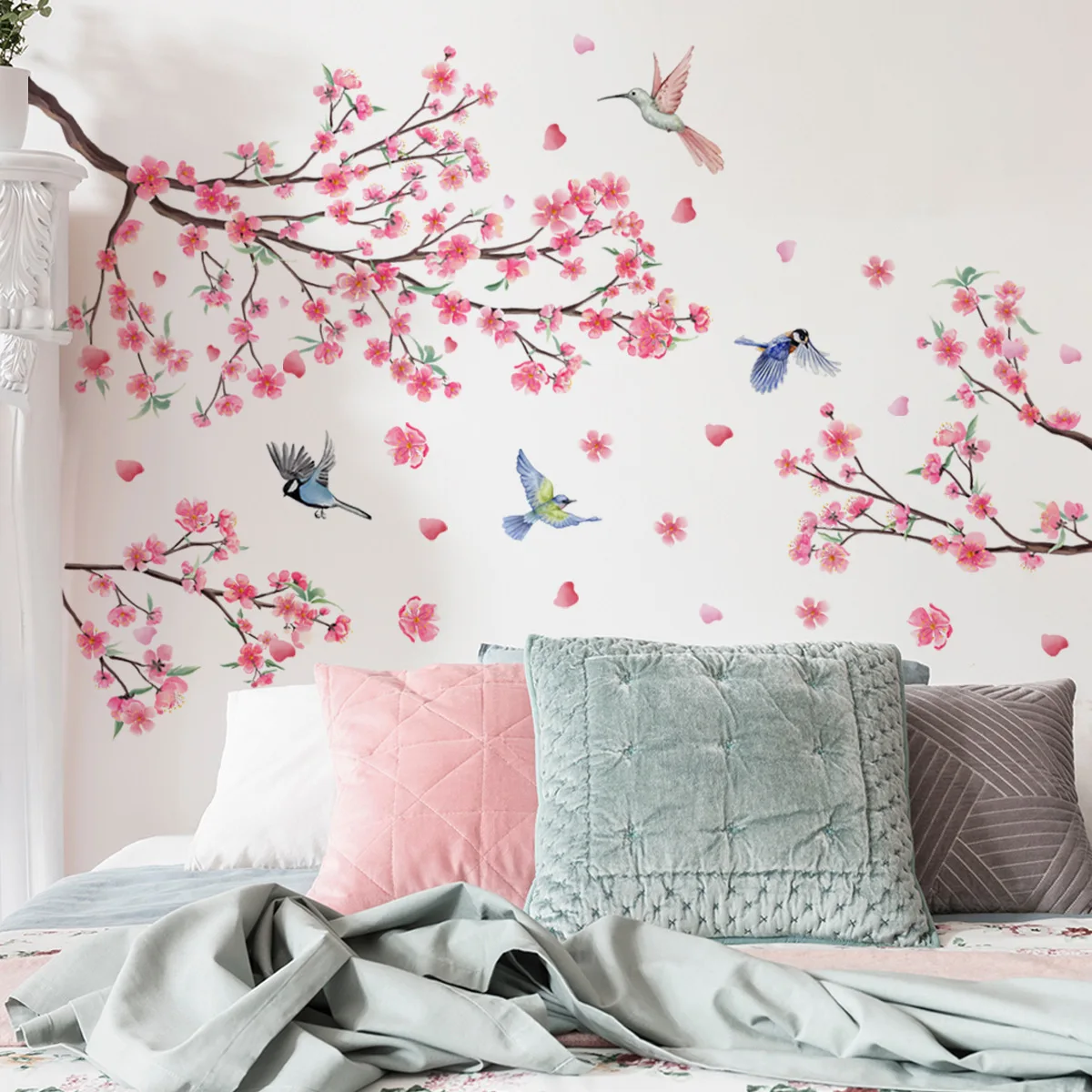 Branch and Bird Cherry Blossom Wall Stickers Self-Adhesive Wallpaper Decals for Living Room Bedroom Home Decor Wholesale