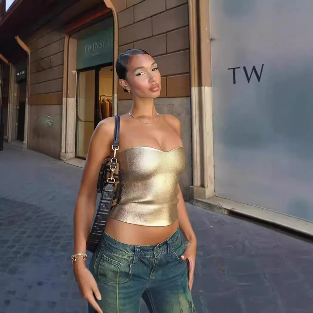 

Women's Clothing Autumn and Winter New Solid Color Casual Off-the-button Sleeveless Bronzing Slim Tube Top Short Top