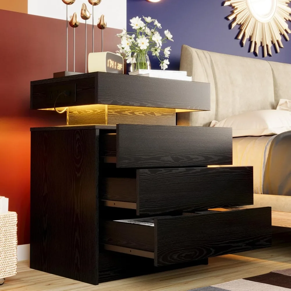 

Modern Black Night Stand with Charging Station | LED Light & 3 Drawers Bedside Table