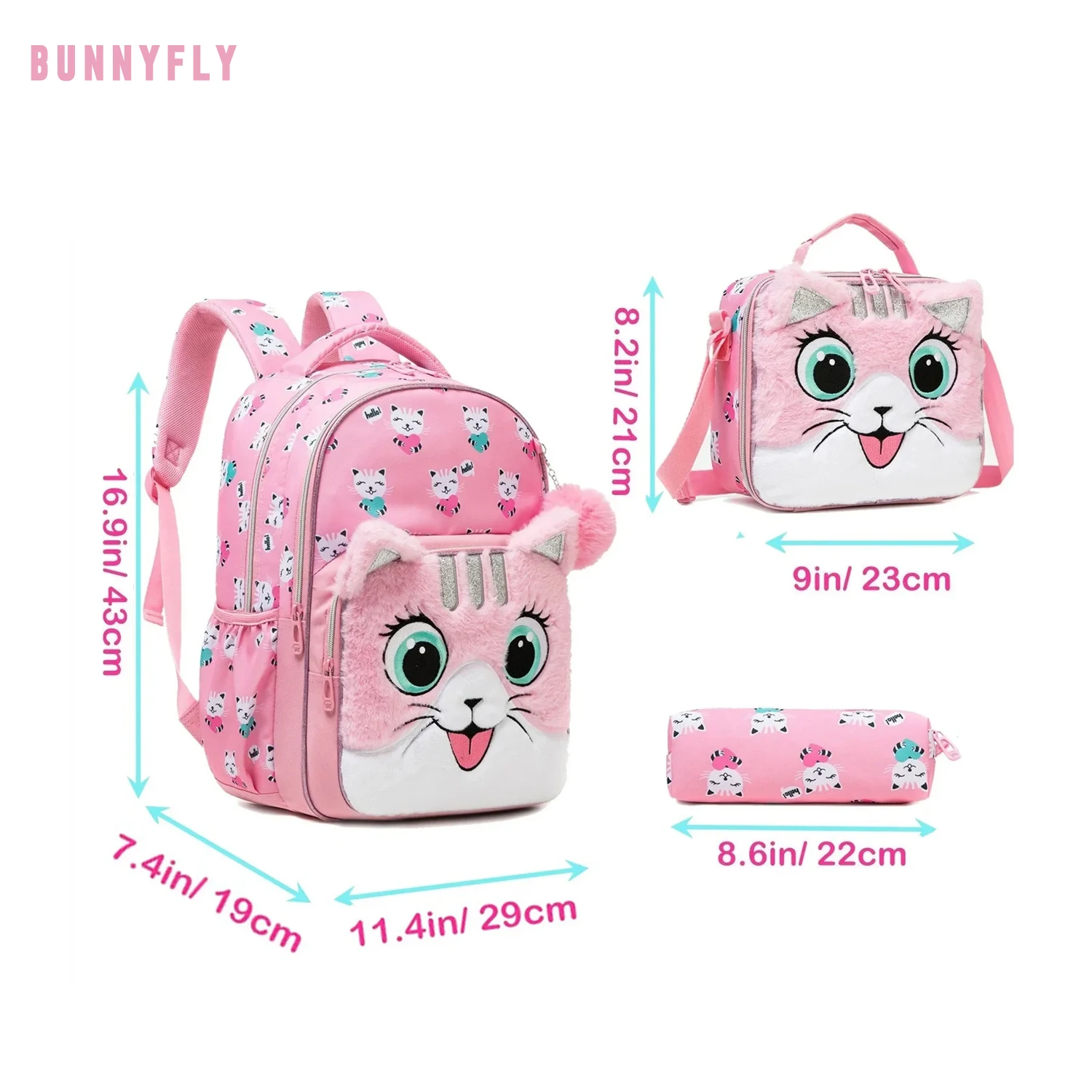 

BunnyFly 3PCS Girls Backpack Set with Insulated Lunch Box Pencil Bag Cute Primary Bookbag School Bag for Kid Back To School Gift