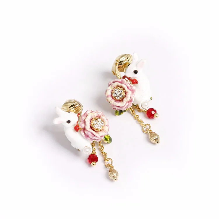 

GXGlint Rabbit and Rose Enamel Ear Clips Adjustable Ear Cuff for Women Garden Series Cute Bunny Ear Jewelry Clip on Earrings
