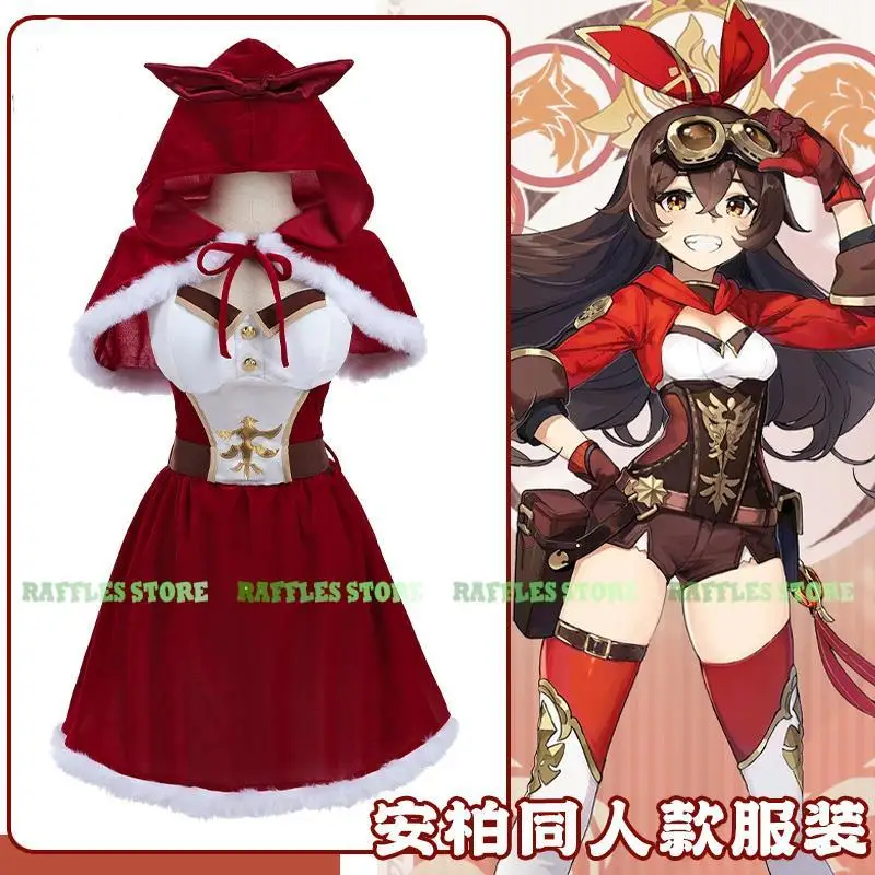 Genshin Amber Christmas Cosplay Costume Red Dress Wig Halloween Anime Cosplay Clothes Cute Sexy Hot Amber Doujin Women Suit