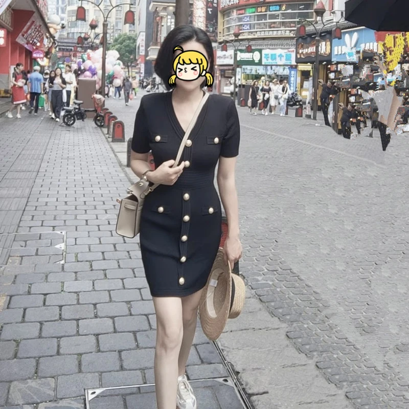 

Summer Sexy Knitted Ice Silk V-Neck High Waist Slim Fit Bodycon Dress Short Sleeve High Elasticity Soft Viscose Fiber H-Shape