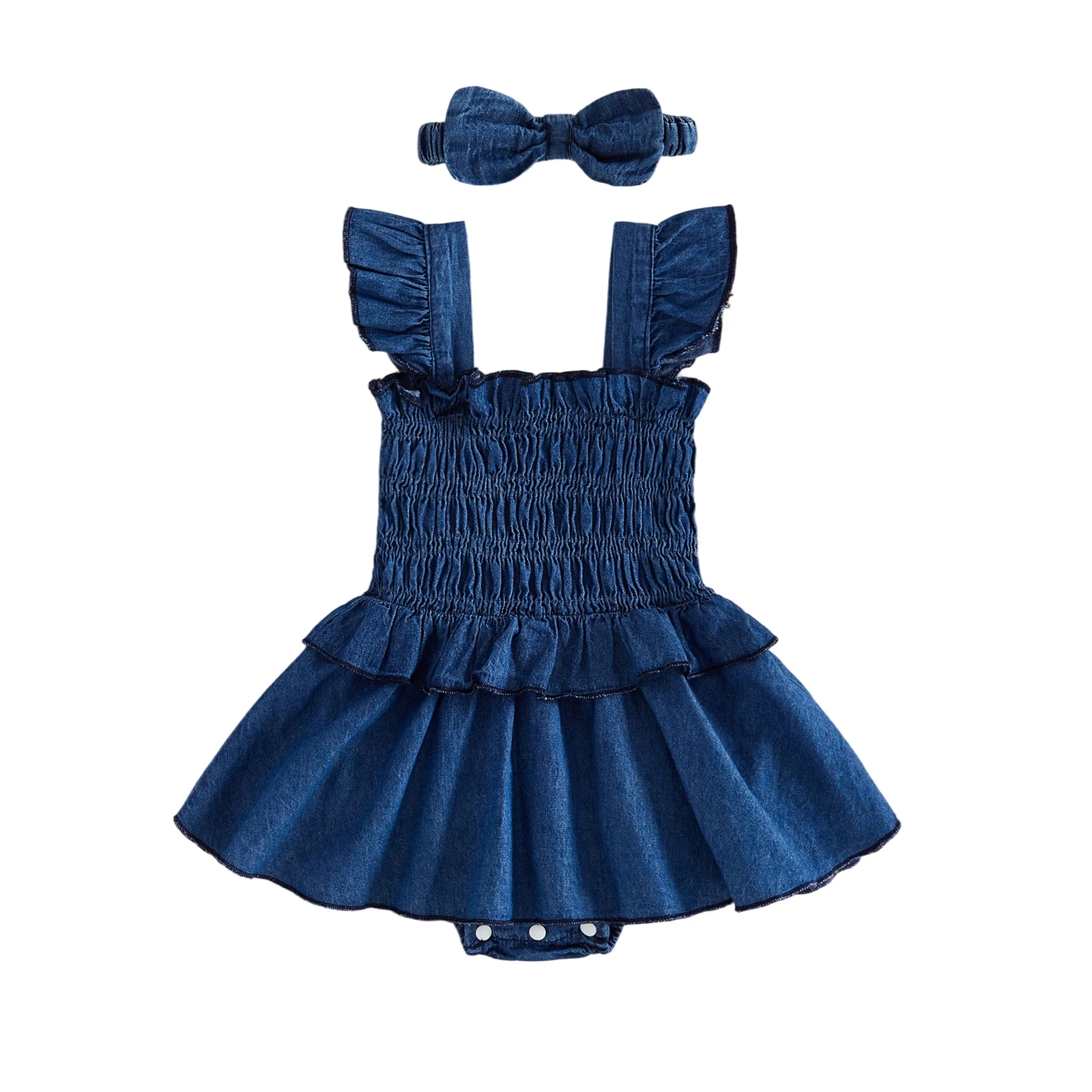 

Baby Girl 2 Piece Outfit Adorable Solid Color Flying Sleeve Smocked Denim Romper Dress and Bow Headband Set