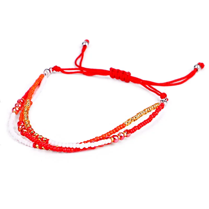 Red String Three-layer Multicolor Glass Seed Beads Handmade Adjustable Bracelet Women Orange White Corlorful Surf Jewelry Gift