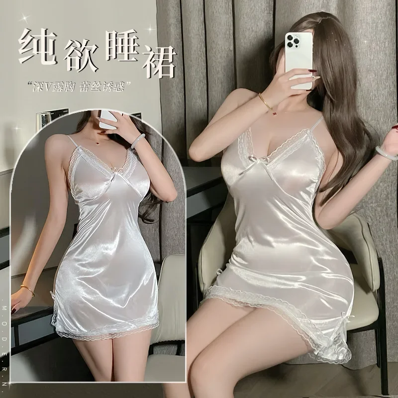 Women\'s Erotic V Neck Full Slip Babydoll Lingerie Satin Smooth Sleepwear Suspender NightdressSexy See Through Nightgown Pajamas