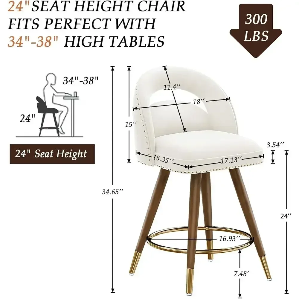 Pair of 24 Swivel Bar Stools, Cream Velvet Upholstery, Counter Height with Backs, Solid Wood Legs view 2
