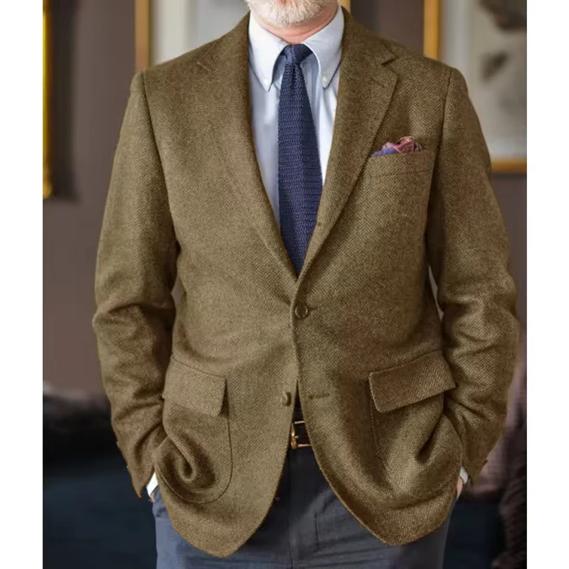 Nieuw in Jassen voor Mannen Visgraat Stof Mode Pak Notch Revers Twee-knoopsluiting Hoge Kwaliteit Luxe herenpak Pakken Hot