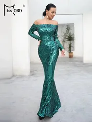 Missord Elegant Green Sequins Evening Dresses Women Off Shoulder Long Sleeve Bodycon Prom Party Dresses Formal Occasion Gown