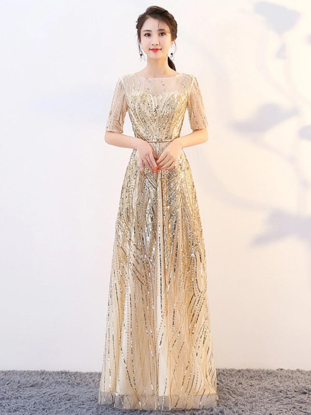 

Flay Long Evening Gown Gold Sequins Host Year End Par Performance Dr A-Line Skirt Korean Sle Wedding Celebration