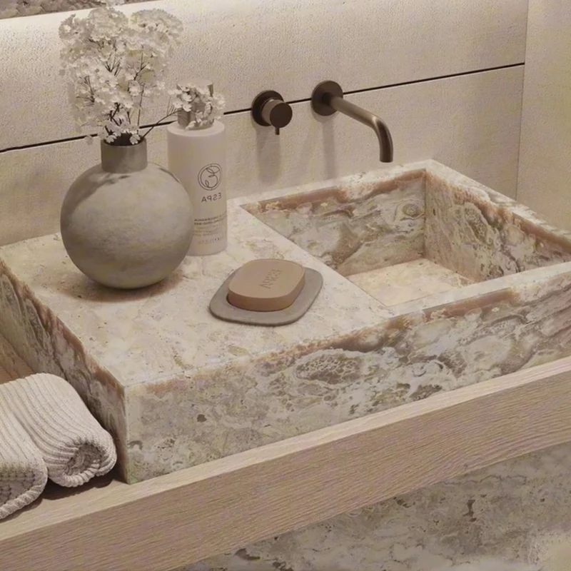 Modern Pedestal Basin Washstand Polished Ice Jade Marble Outdoor Balcony Villa Hotel Wash Basin Bathroom