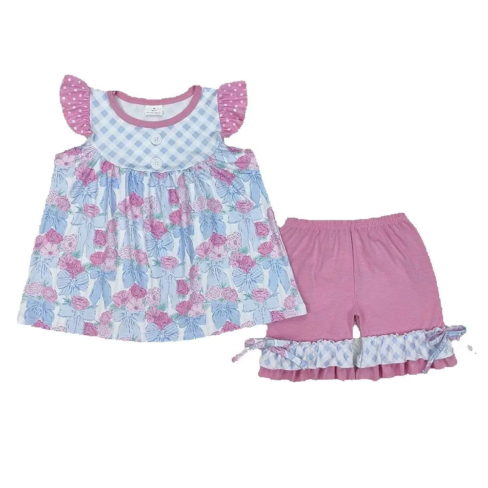 

GSSO1642 Baby Girls Checkered Flowers Bows Tunic Ruffle Shorts Clothes Sets