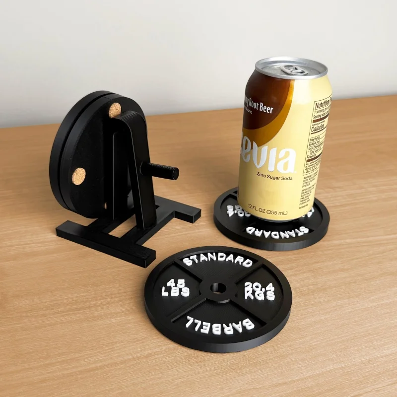 3D Printed Barbell Weight Plate Coaster Set Non-Slip Drink Coasters with Storage Rack Decorative Coasters for Home Desks