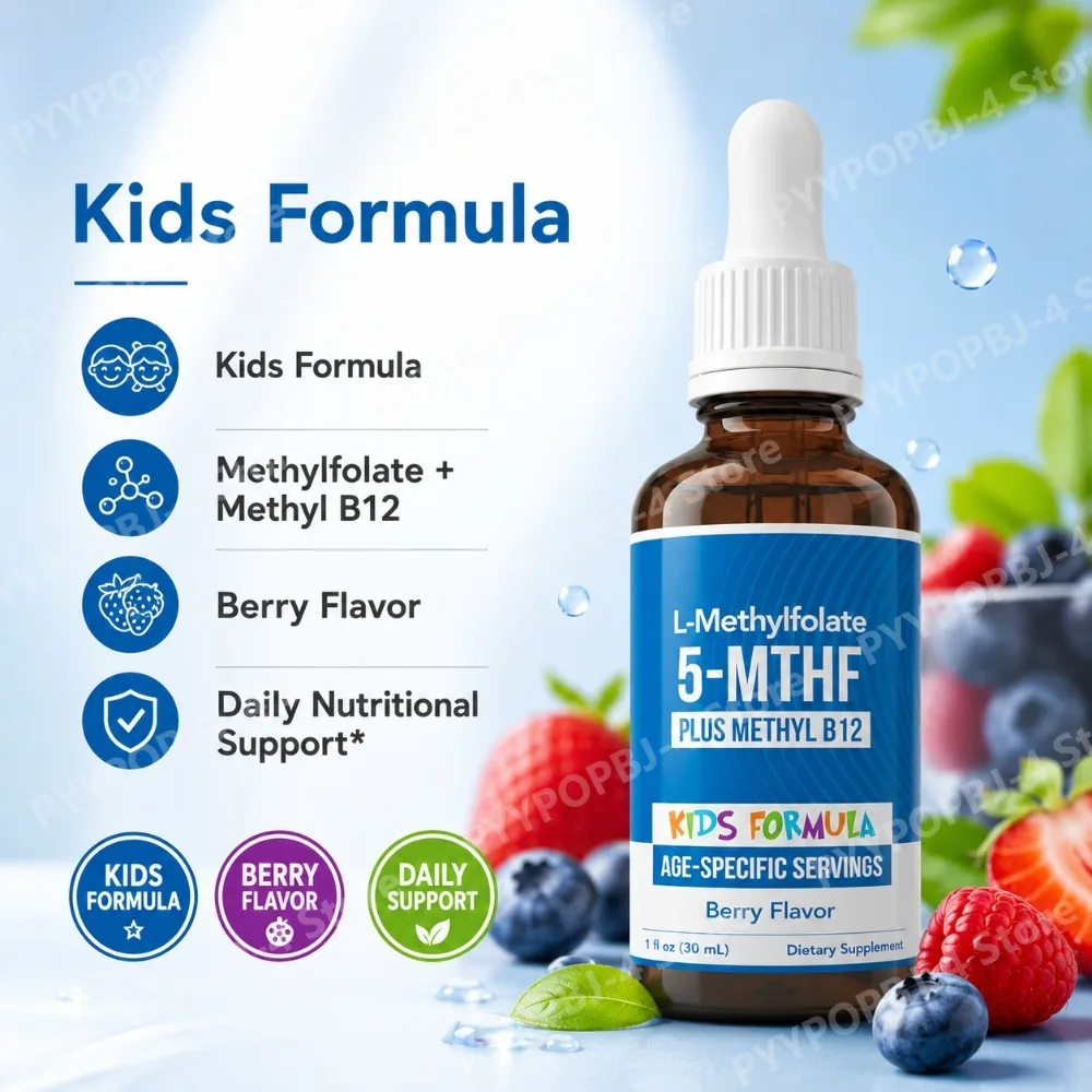 Kids L-Methylfolate 5-MTHF Liquid Drops with Methyl B12, Berry Flavor Folate Supplement, Daily Nutrition Support, 30ml