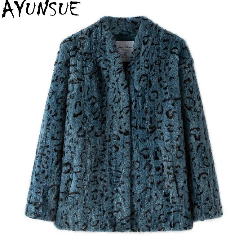 AYUNSUE Real Mink Fur Coat Women Winter Clothes Mid-long Womens Coats Patchwork Female Mink Fashion Leopard Print Пальто Женское
