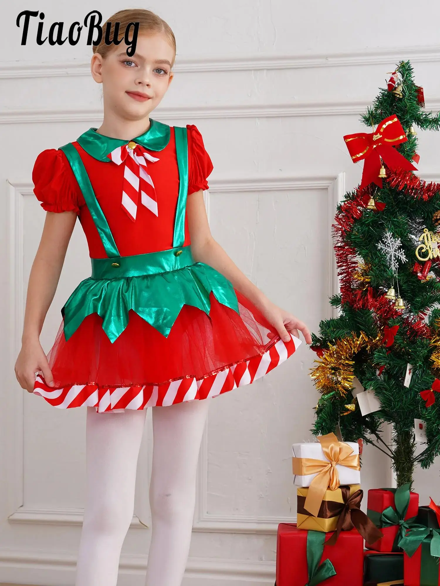 

Детские танцевальные костюмы в рождественскую полоску для девочек, трико, платье-пачка, карнавальное вечернее тюлевое платье с пышными рукавами, танцевальная одежда для фигурного катания