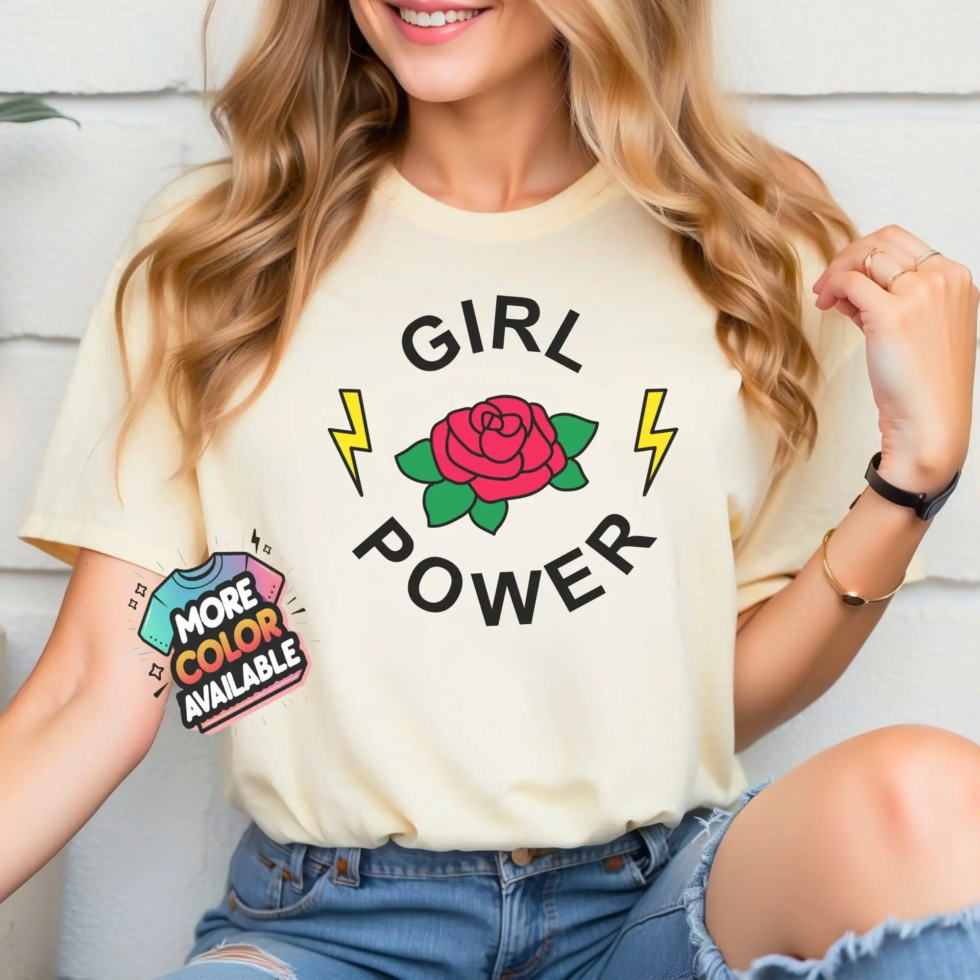 Girl Power Rose T Shirt Feminist Floral Lightning Bolt Empowerment