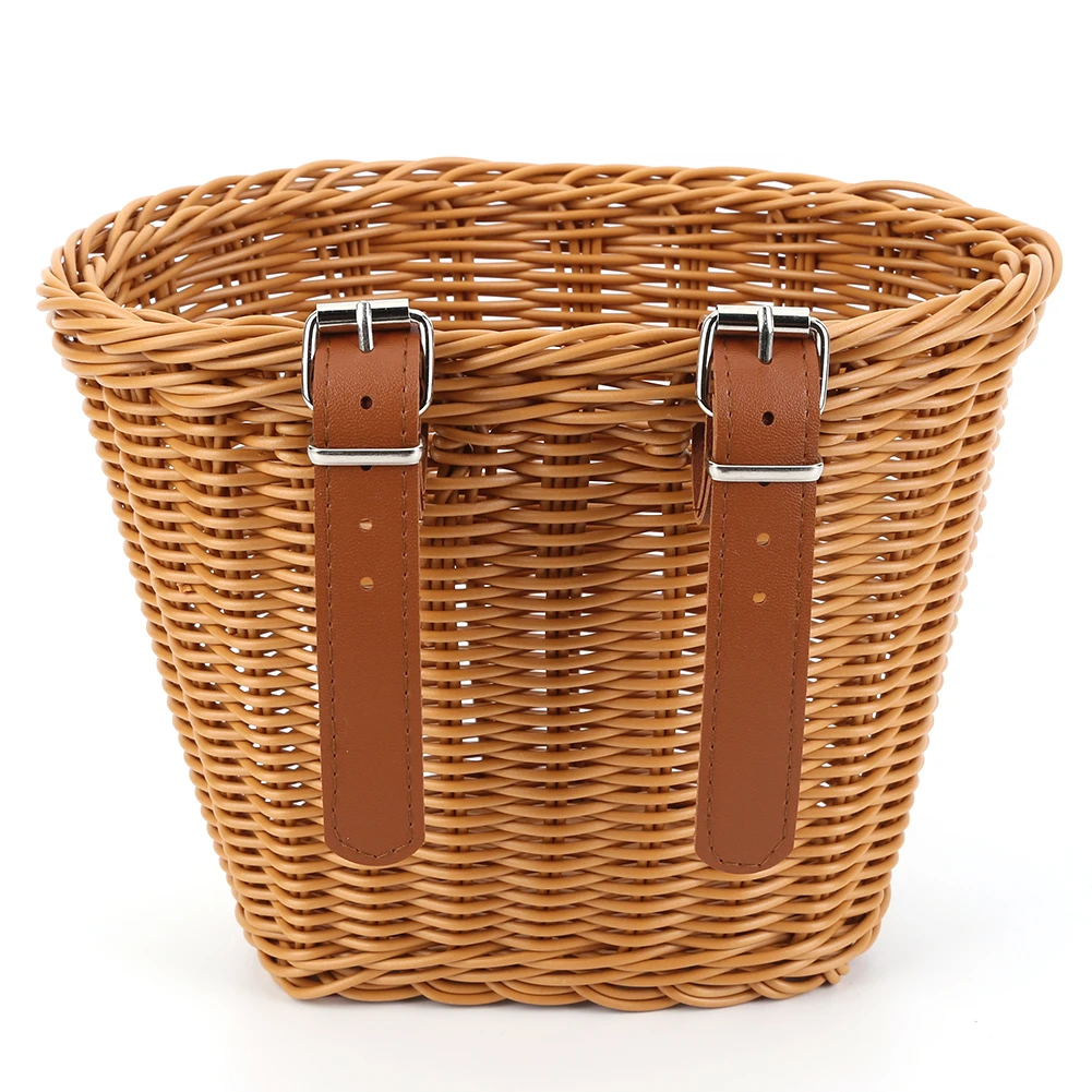 Braided Bicycle Basket with Leather Straps Removable Imitation Rattan Bicycle Basket Bicycle Bell Bicycle Storage Pannier Bell