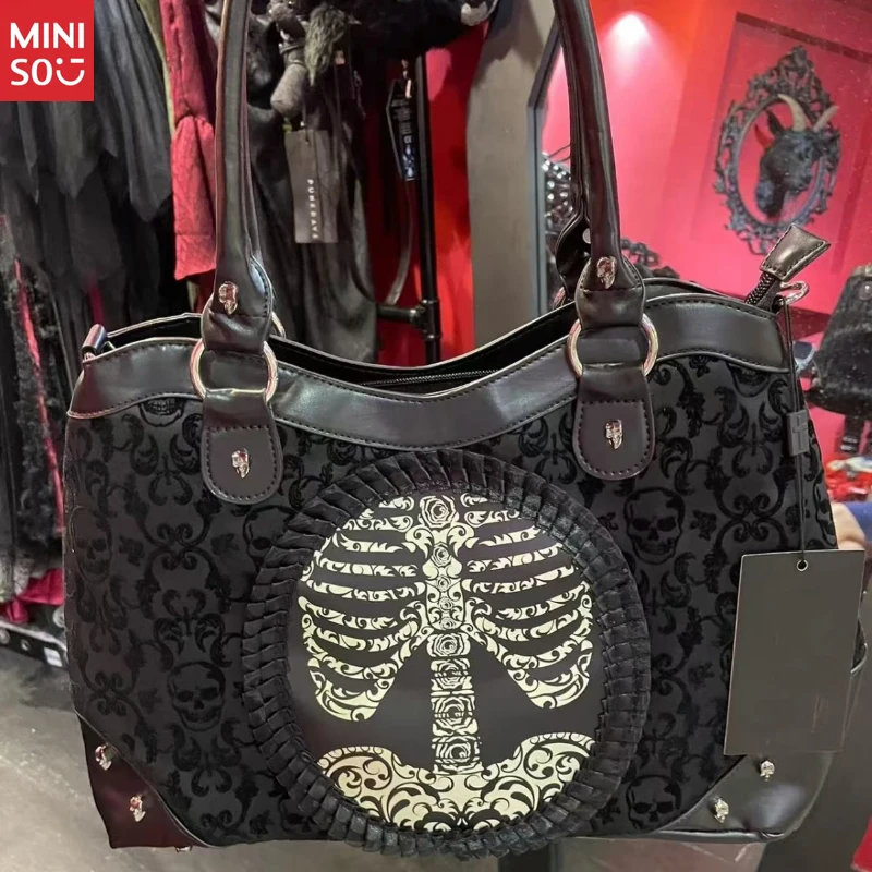 Miniso Gothic Lolita Skeleton Print Bag, Vintage Lace Flocking Crossbody, Dark Punk Shoulder Purse