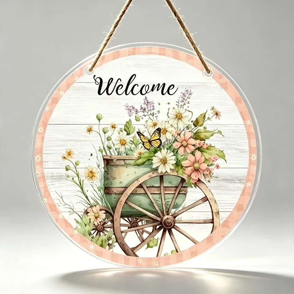 Vintage Flower Cart Butterfly Welcome Sign Decor