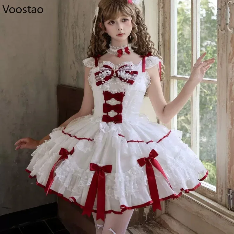 IMU Sweet Lolita Jsk Dress Women Kawaii Cute Pearl Bow Lace Ruffles Ballet Style Dress Japanese Girls Elegant Princess Party Dre