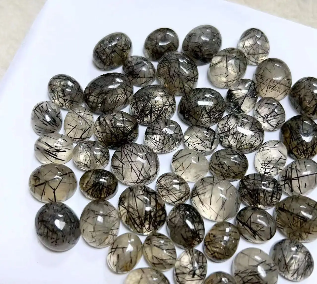 Wholesale 10pcs/lot Genuine Black Rutilated Quartz Bead Mixed Size 7-15mm Oval Semi-Precious Gemstone Jewlery Cabochon Ring Face