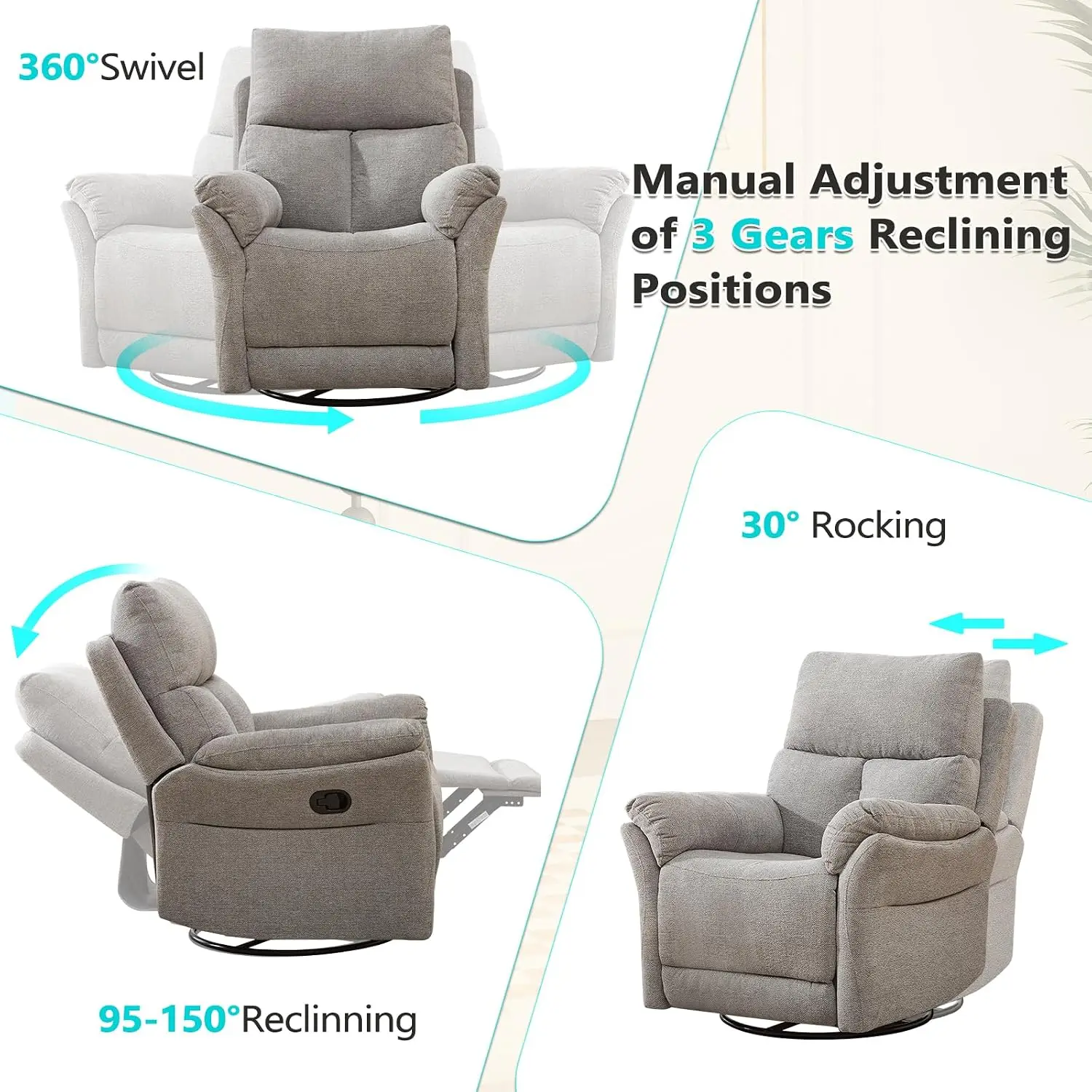 Manual Fabric Swivel Rocker Recliner Set of 2, Glider Nursery Chair, Home Theater Seating, Silver, Customized