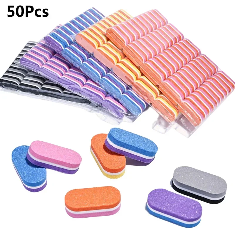 50Pcs 100/180 Mini Colorful Nail File Sponge Washable Double-sided Elliptical Buffer Blocks Women's Portable Manicure Nail Tools