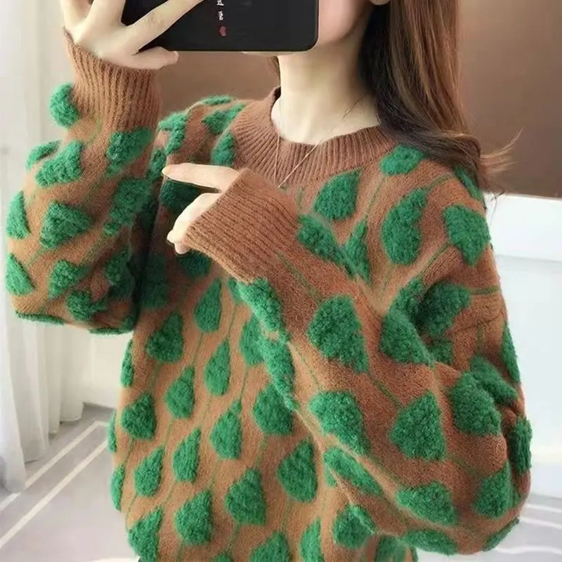 Women's Clothing Stylish Jacquard Weave Jumpers Vintage Long Sleeve 2023 Autumn Winter Casual Round Neck Loose Knitted Sweaters