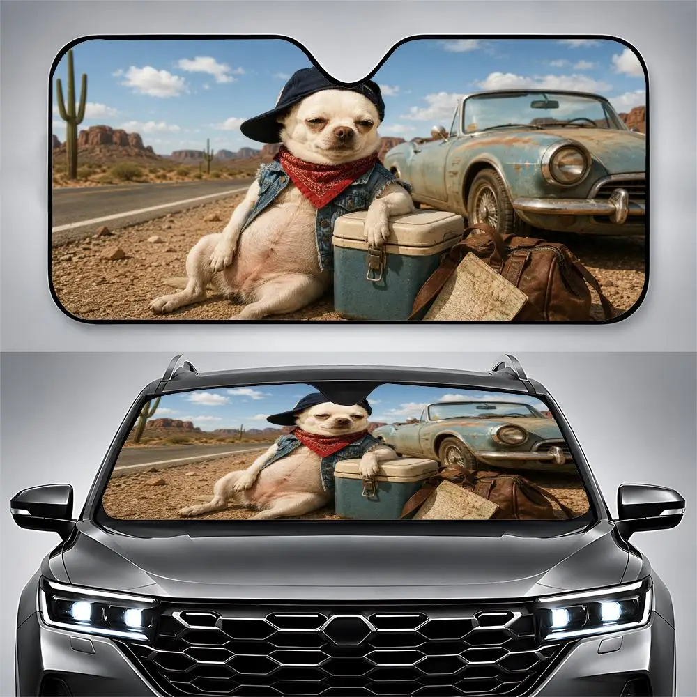 

Chihuahua with Slung Cap Sun Visor Car Windshield Sunshade UV Block Heat Insulation Cooling Easy Install Portable Foldable