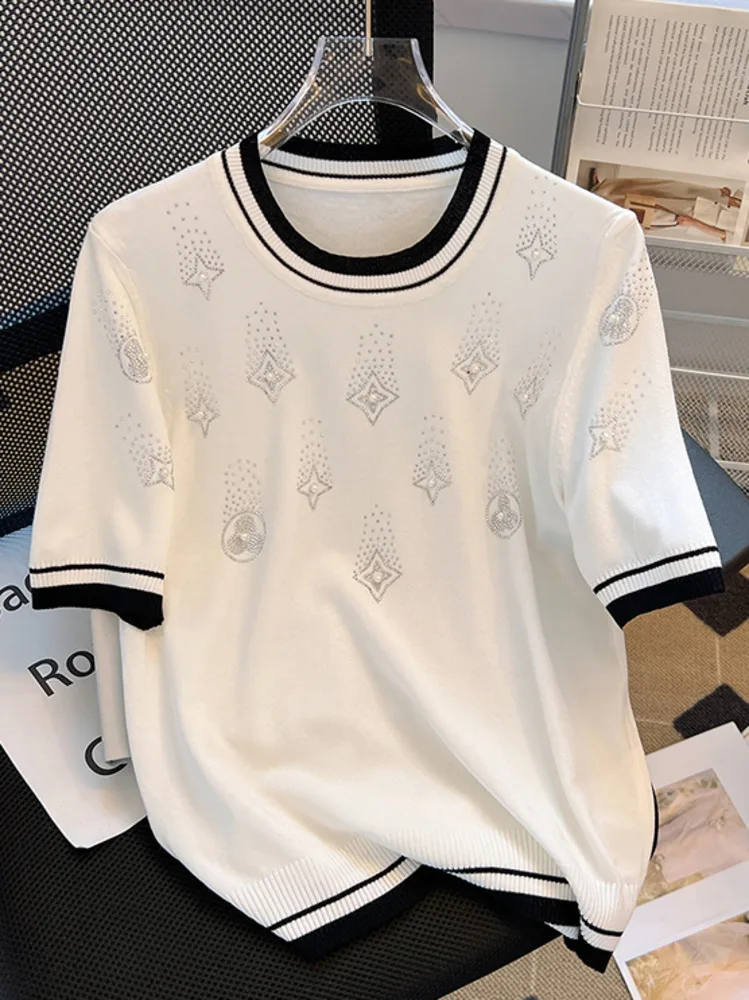 Rhinestones Beaded Ice Silk Tshirt Tops Women Knitted Sweater Knitwear 2024 Summer Short Sleeve O-neck Fashion Loose Tees Jumper